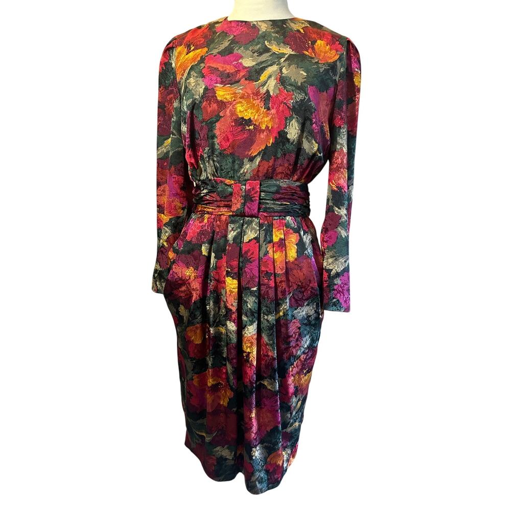 VTG 80s Petites For Maggy Watercolor Dark Floral Midi Dress Silky Dress Size 6